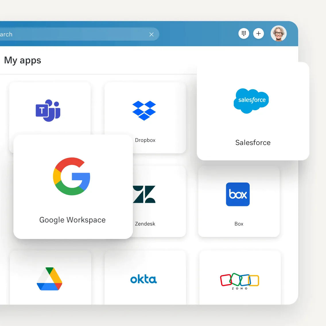 RingCentral app integrations such as Microsoft Teams, Dropbox, Salesfirce, Google Workspace, Zendesk, Box, Google Drive, Okta and Zoho