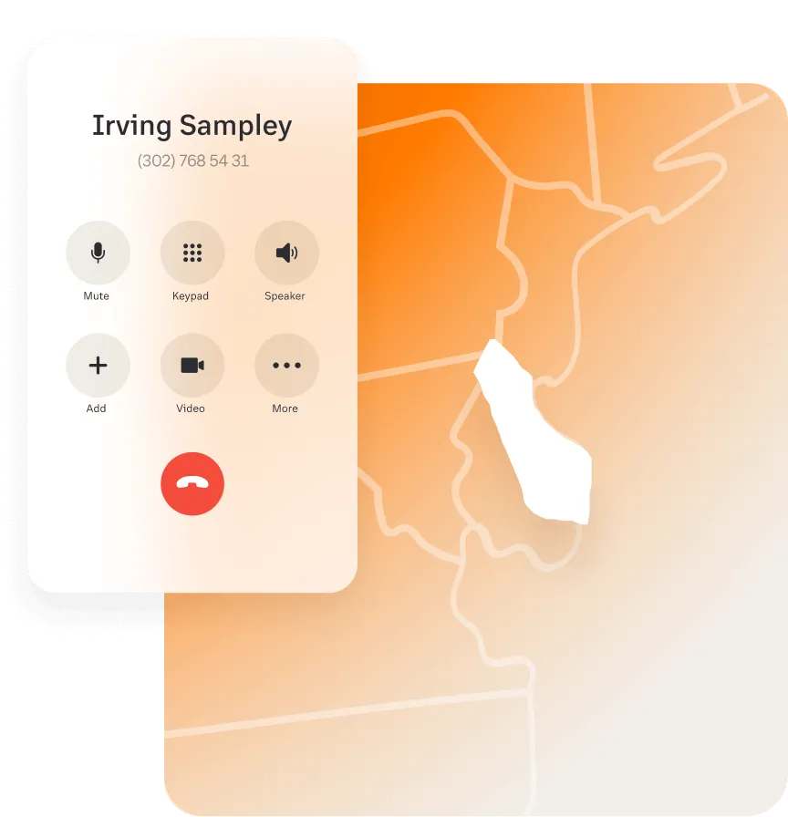 A contact displayed on the RingCentral dialpad over the Delaware map