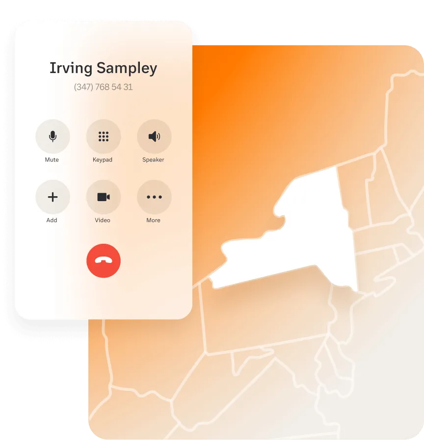 A contact displayed on the RingCentral app dialpad over a map of New York