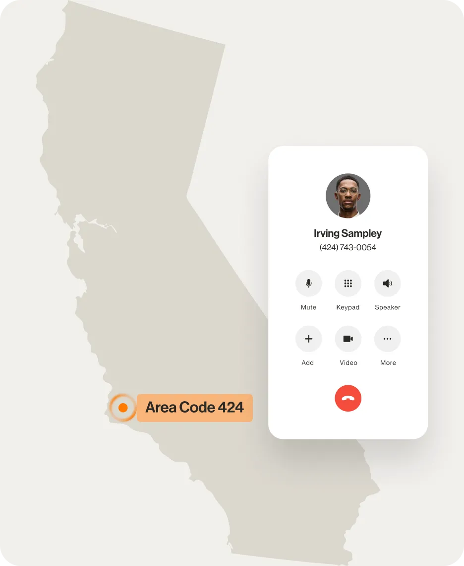 A contact number displayed on a RingCentral dialpad displayed over a map of area code 424