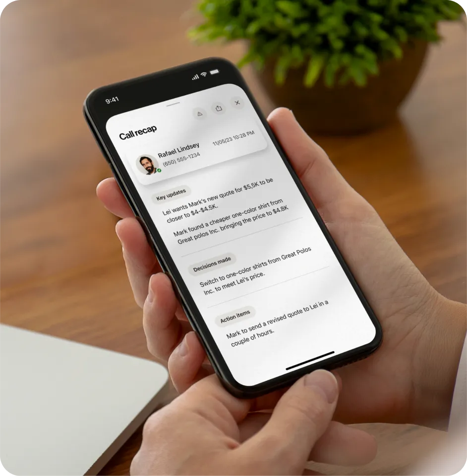 The RingCentral RingEX call recap feature viewed on a mobile phone