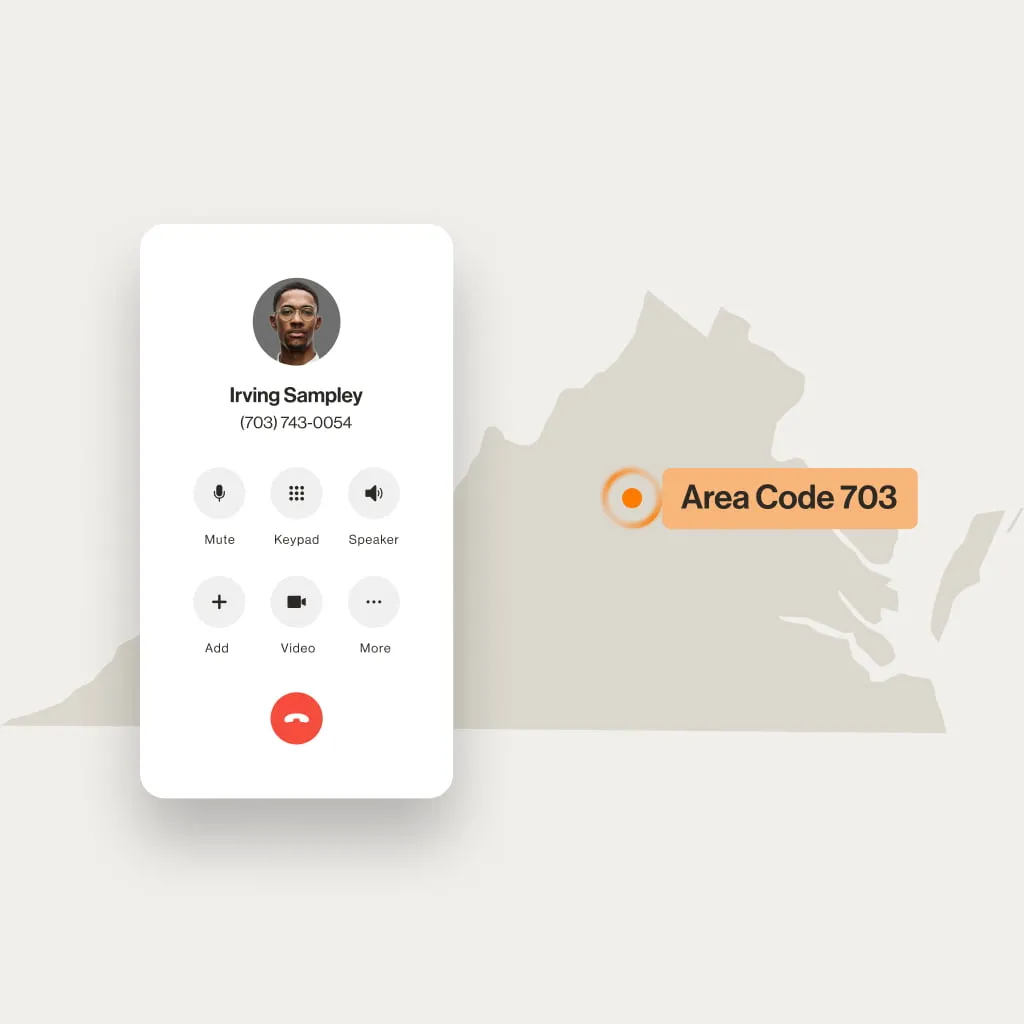 A contact displayed on the RingCentral dialpad over the Virginia map