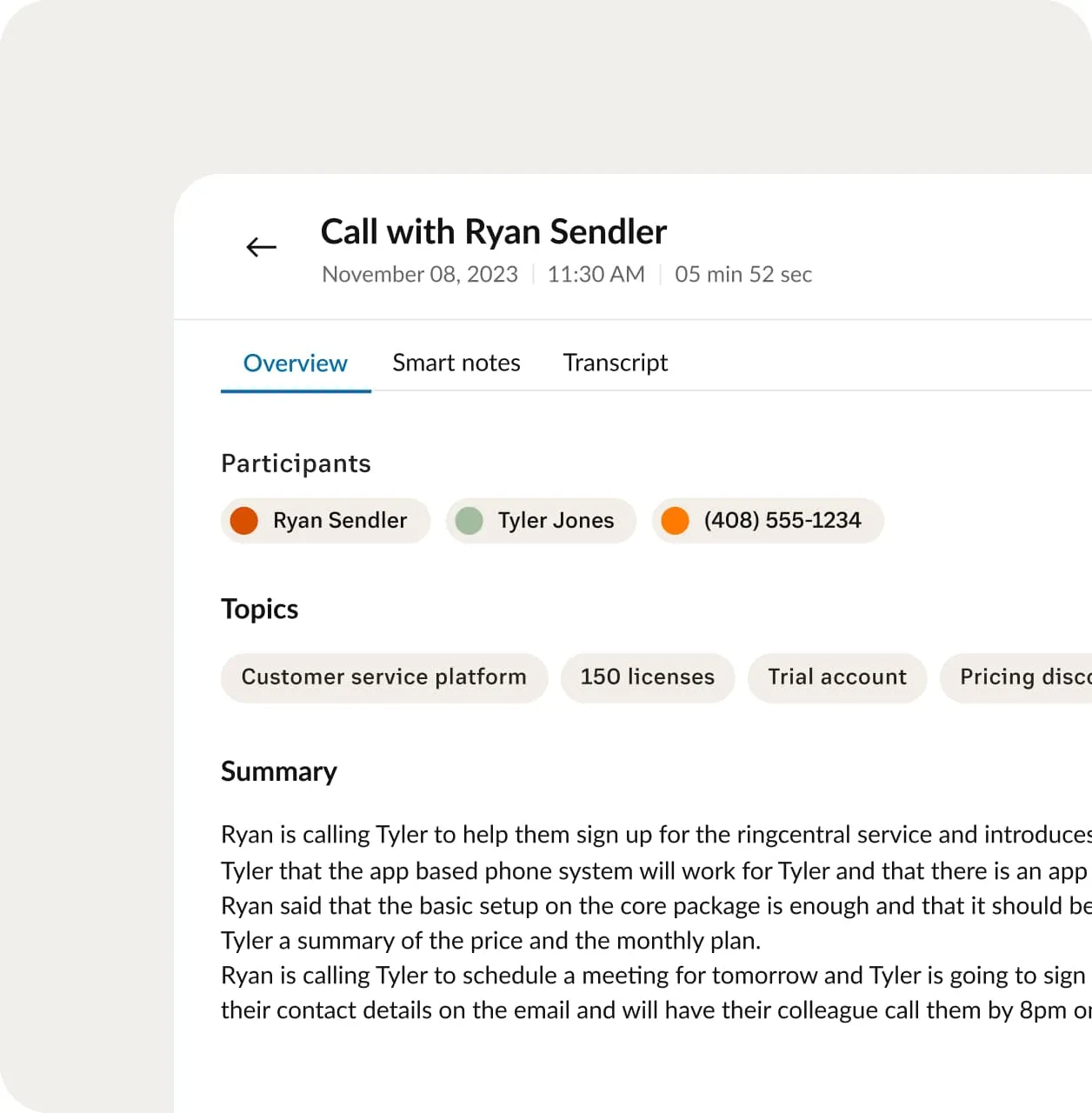 The Overview tab of the Post-call Highlights feature of RingCentral RingEX