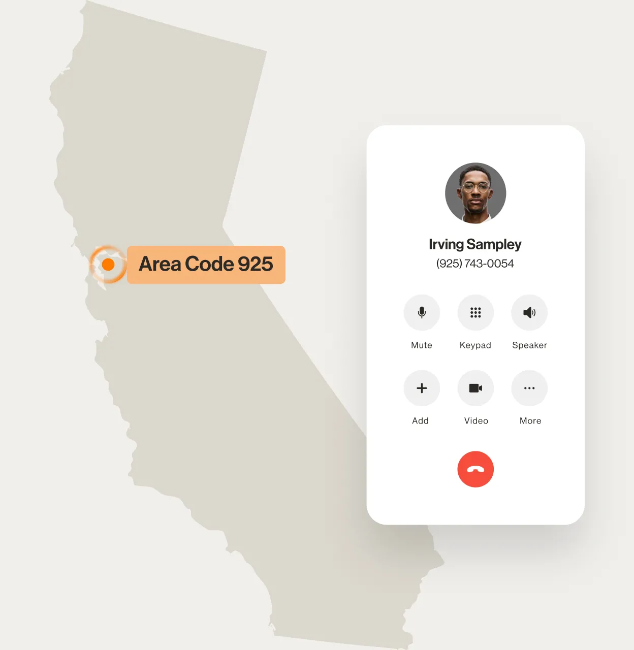 A contact number displayed on a RingCentral dialpad displayed over a map of area code 925