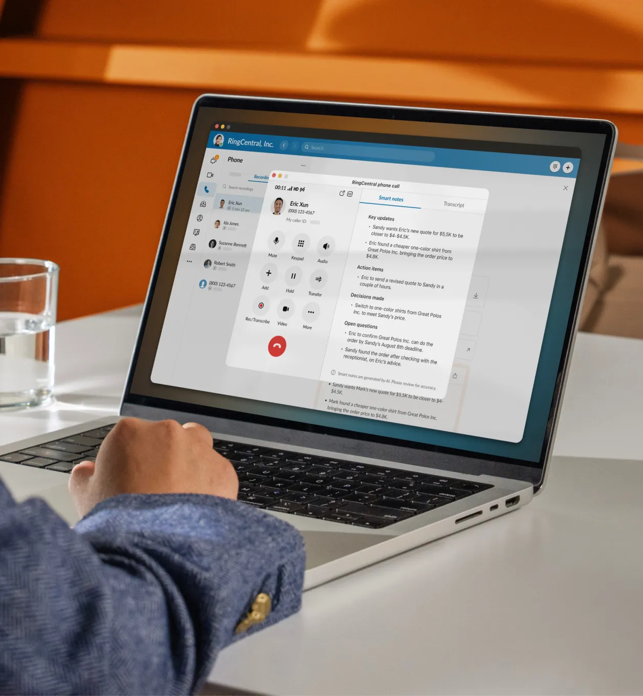 The smart notes feature in use in an ongoing call in the RingCentral app on a laptop