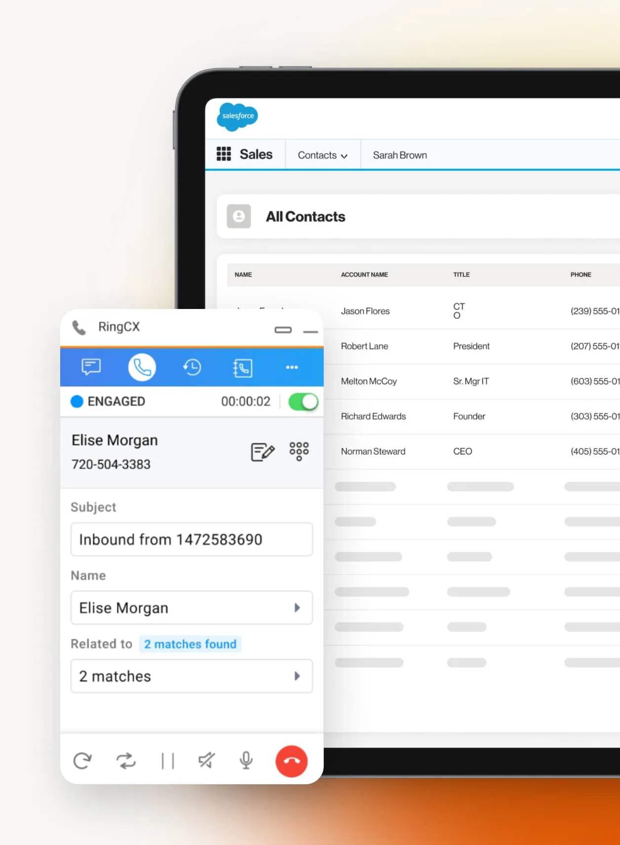 The RingCX app integrated with Salesforce CRM using RingCentral CTI software