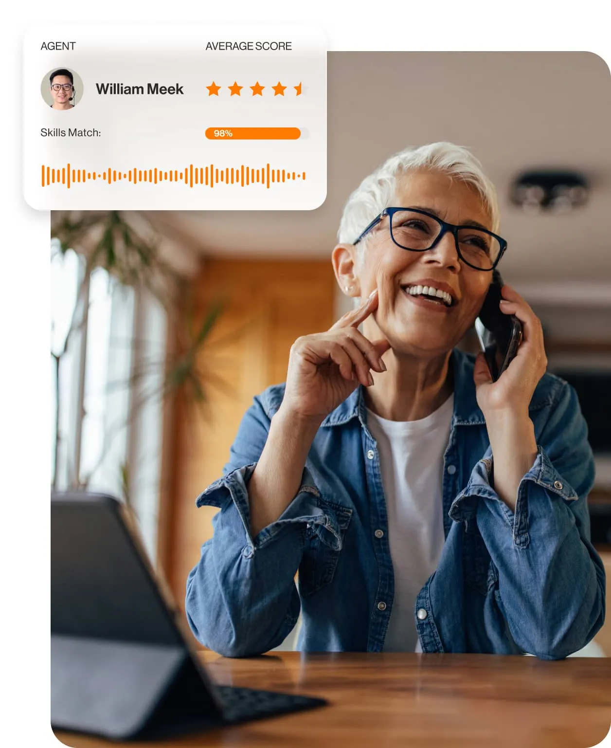 A happy customer talking to a customer service representative.