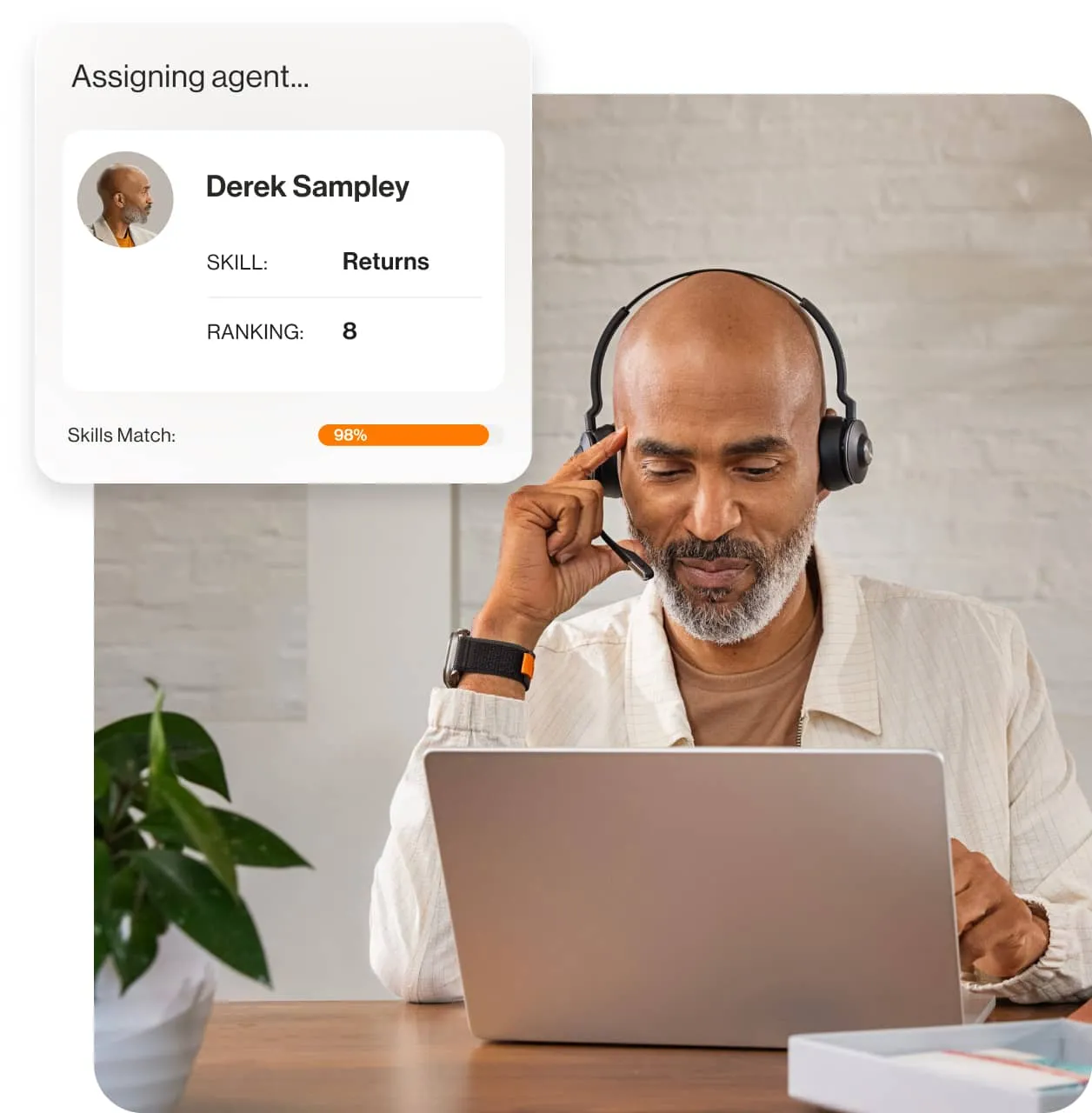 A male agent with an insert of the RingCentral skills match dashboard