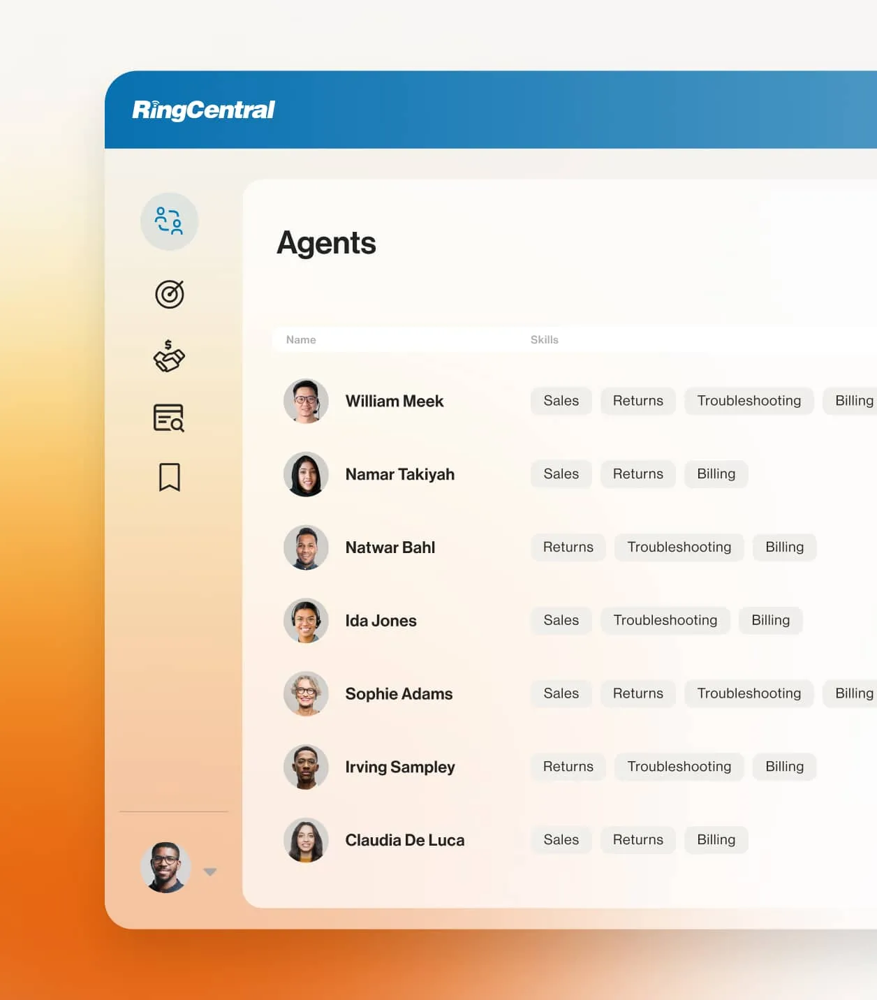 A sample agent list shown in the RingCentral dashboard