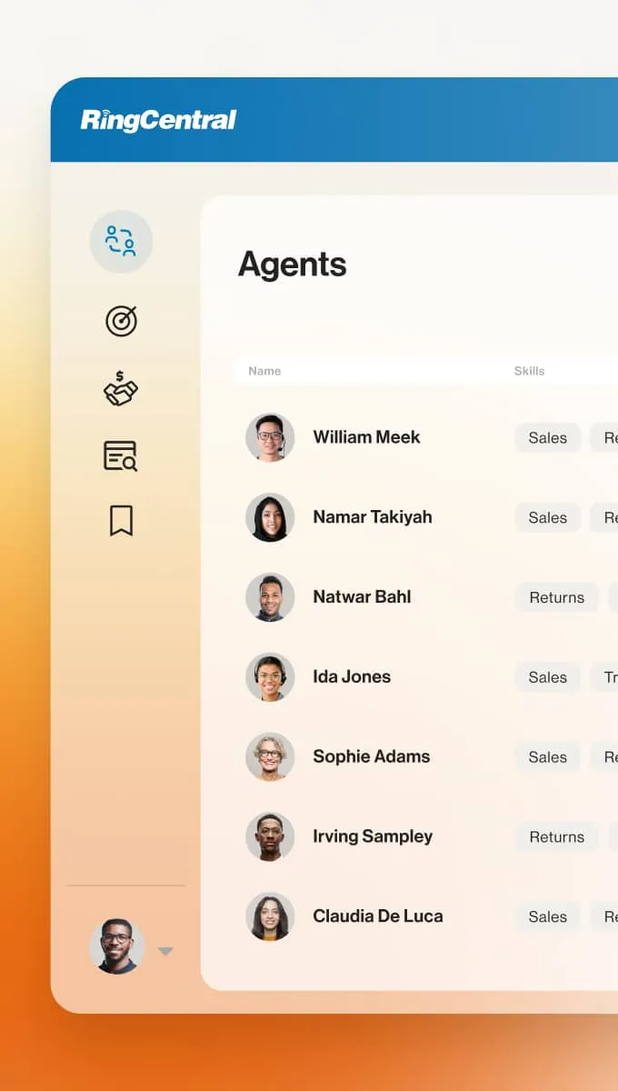 A sample agent list shown in the RingCentral dashboard