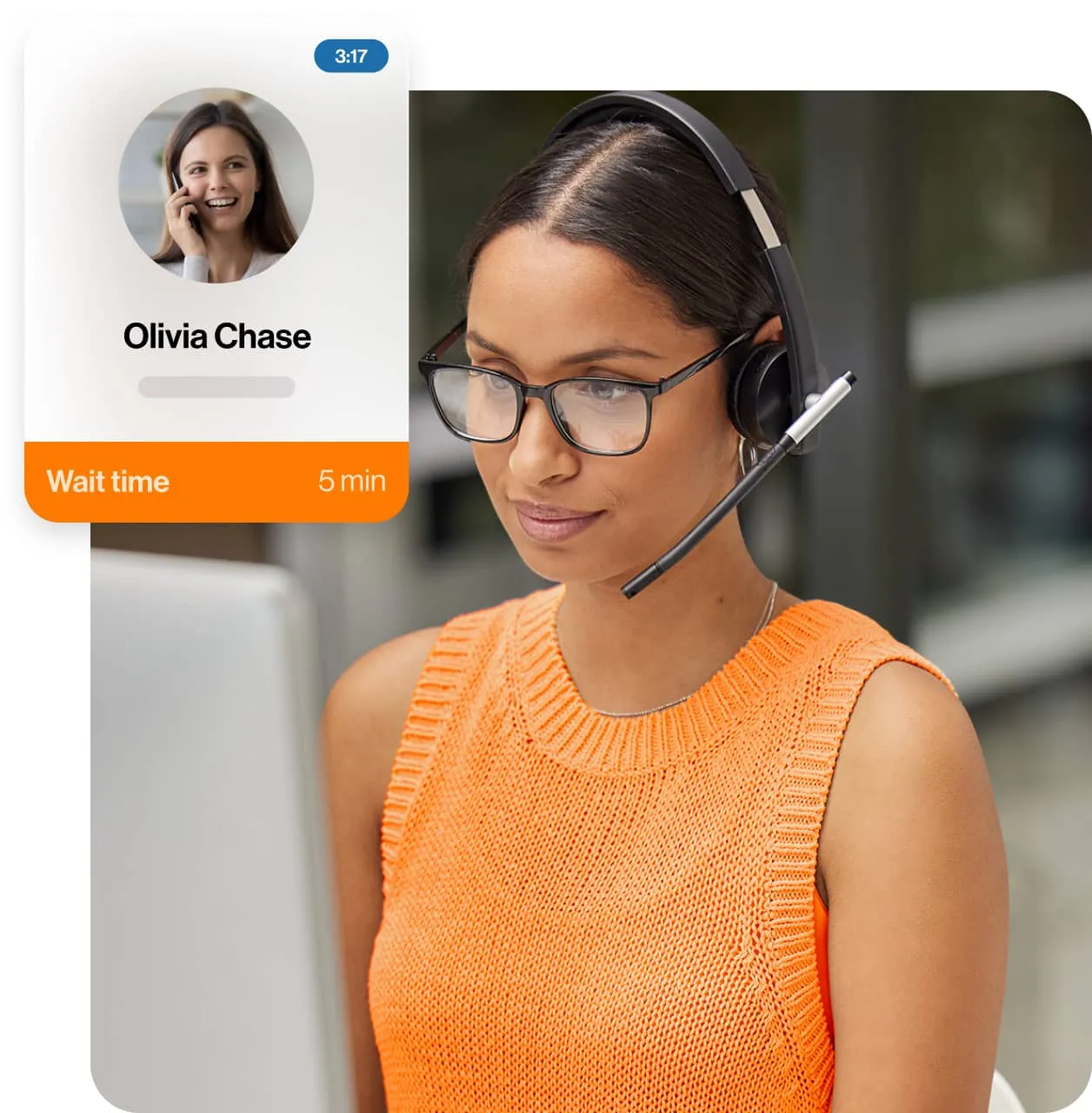A female agent talking to a client waiting for 5 minutes