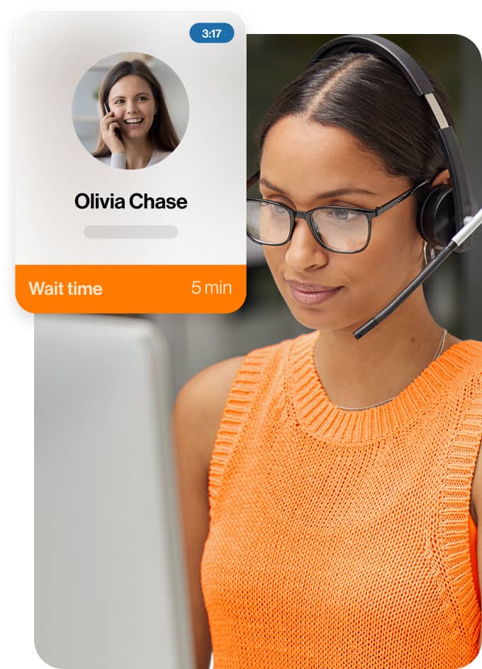A female agent talking to a client waiting for 5 minutes