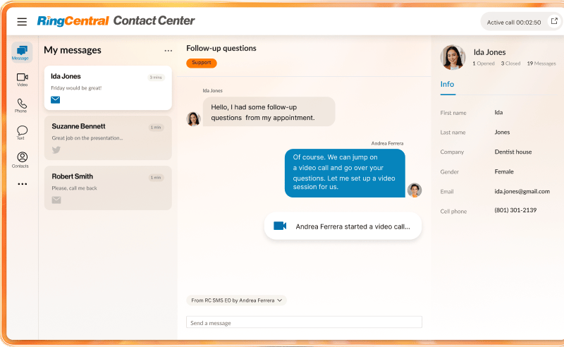 The message window of the RingCX Agent dashboard