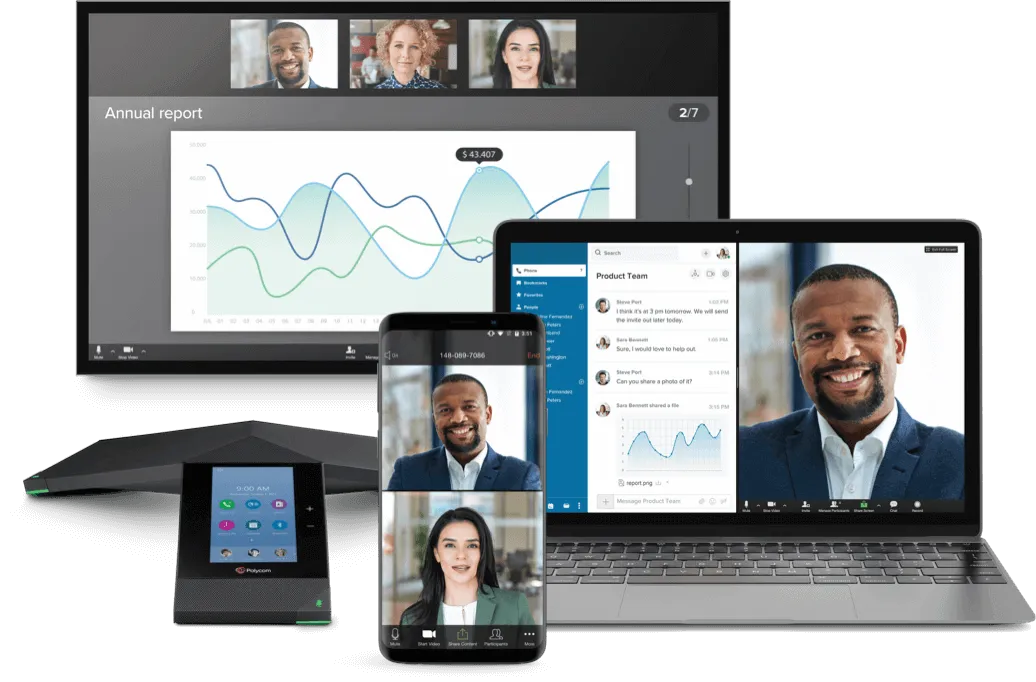 The RingCentral app opened on a desktop, laptop, mobile phone and conference phone.