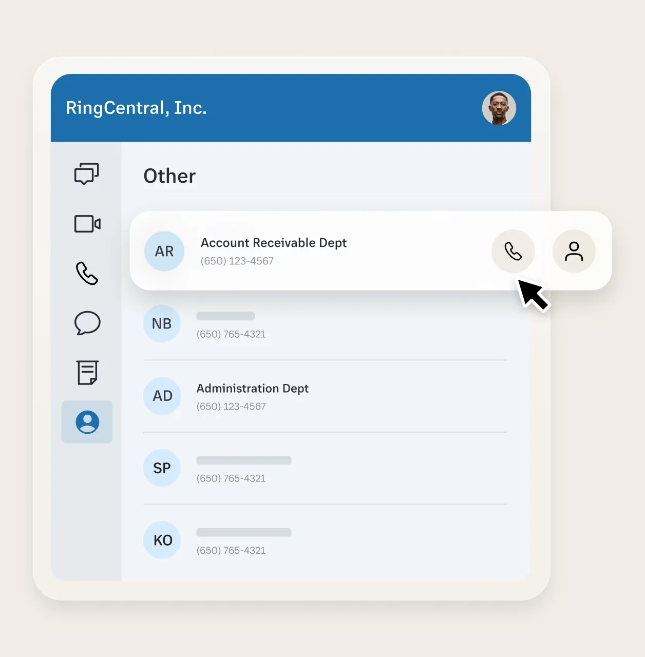 A selected user account in the RingCentral app directory