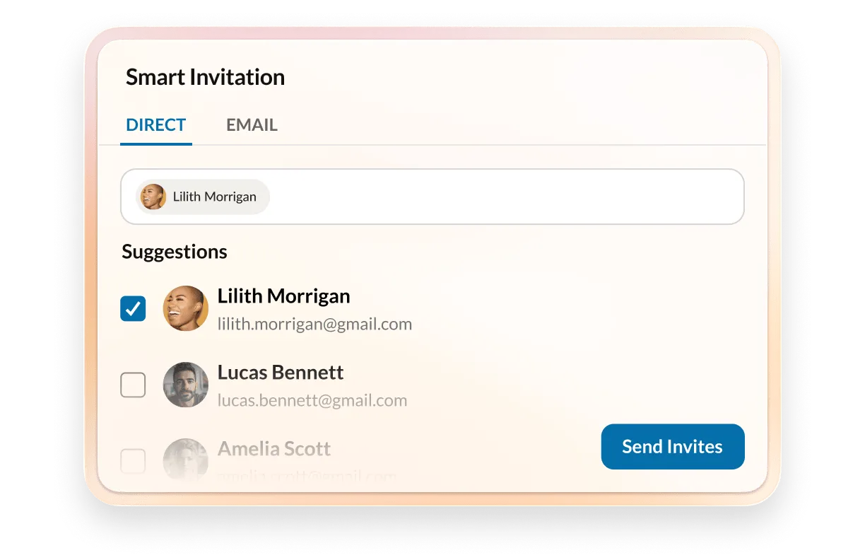 Smart Invitation interface showing contact suggestions for invitations.