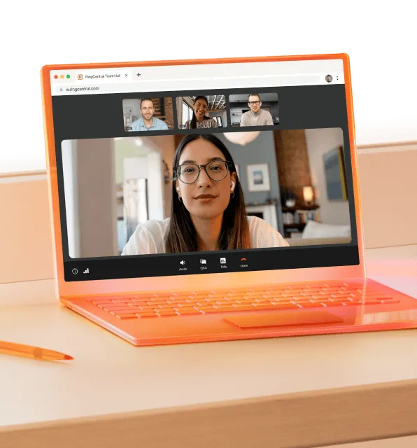 RingCentral video conferencing on an orange laptop.