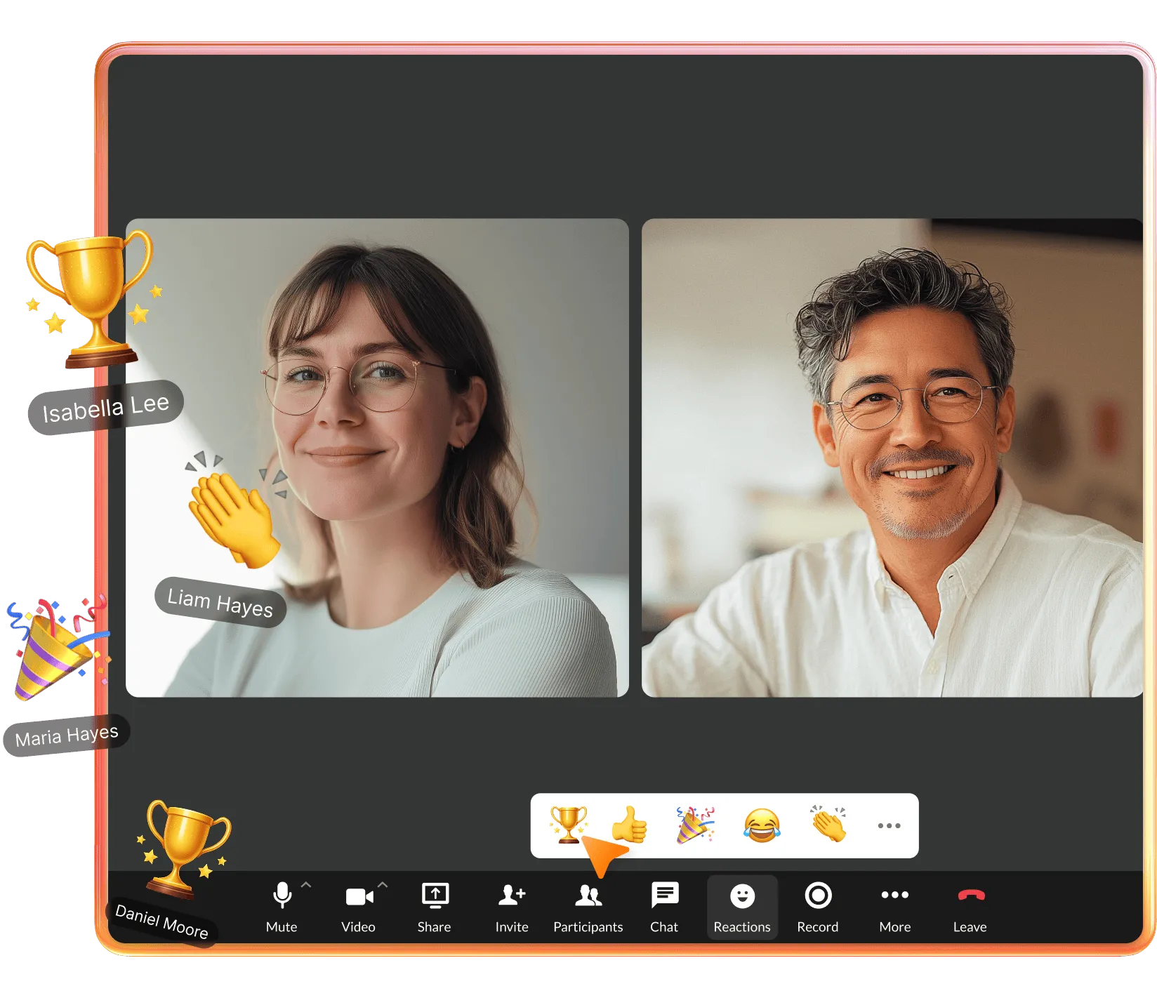 RingCentral video call interface with participant reactions.