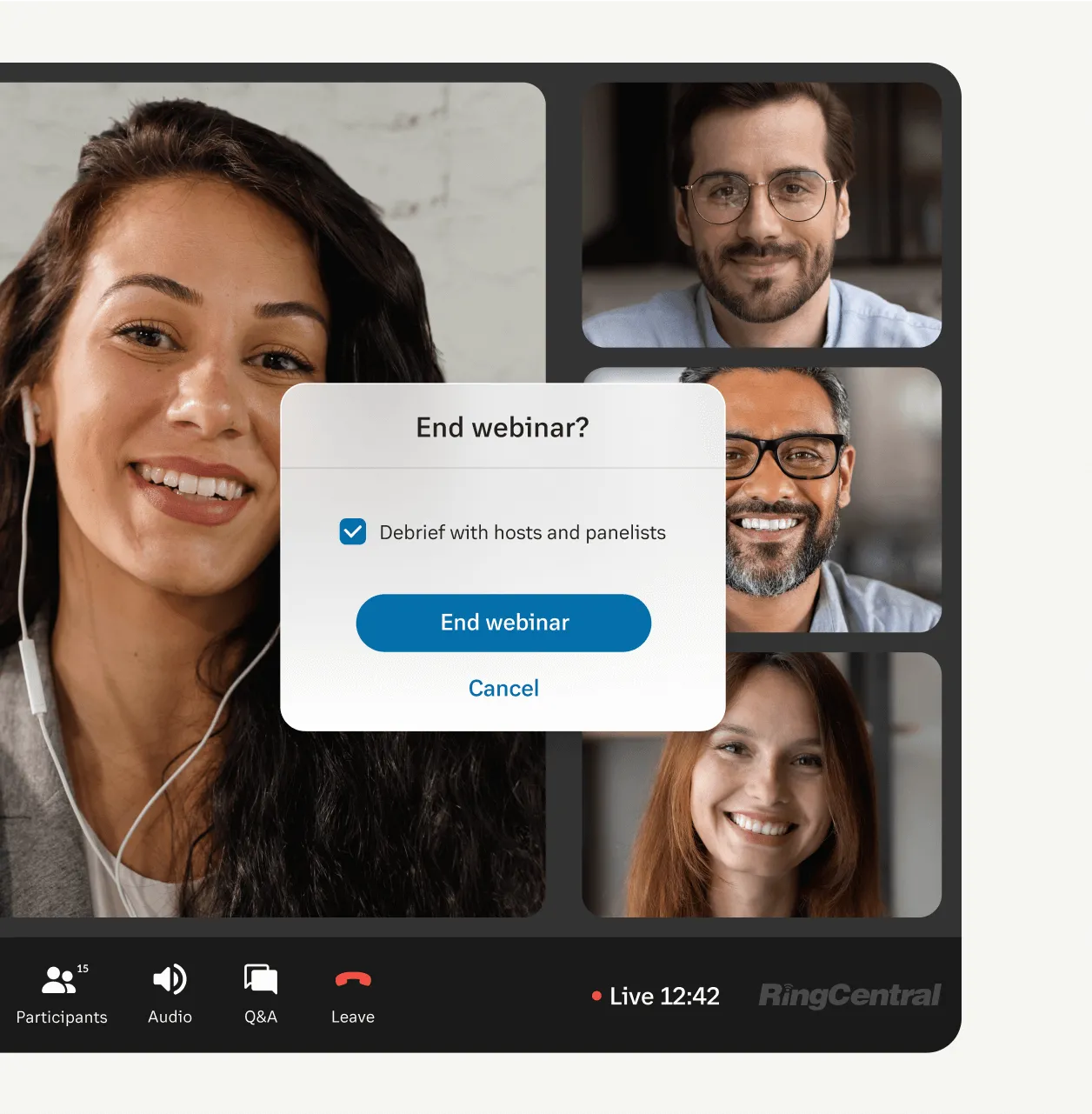 Une fenêtre pop-up apparaît lors de la fermeture d’un webinar en cours sur la plateforme RingCentral Webinar
