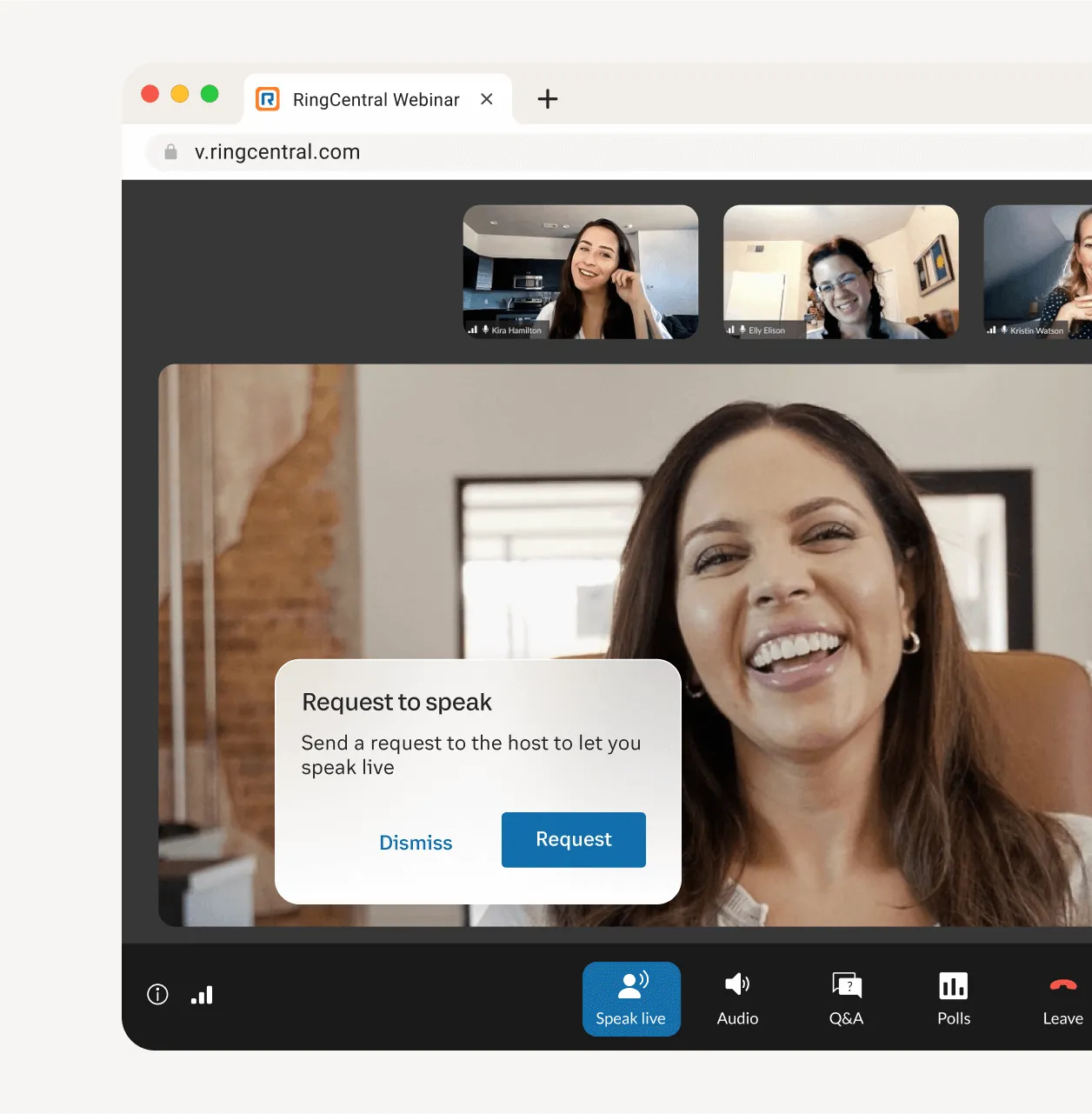 Une fenêtre pop-up apparaît lorsqu’un participant souhaite prendre la parole sur la plateforme RingCentral Webinar
