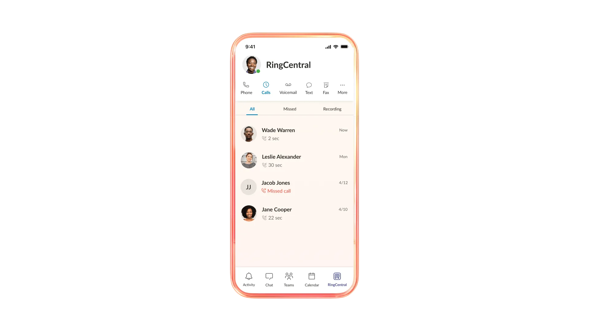 Mobile view of the RingCentral call history log, showing the 'All', 'Missed', and 'Recordings' filter tabs at the top of the screen.