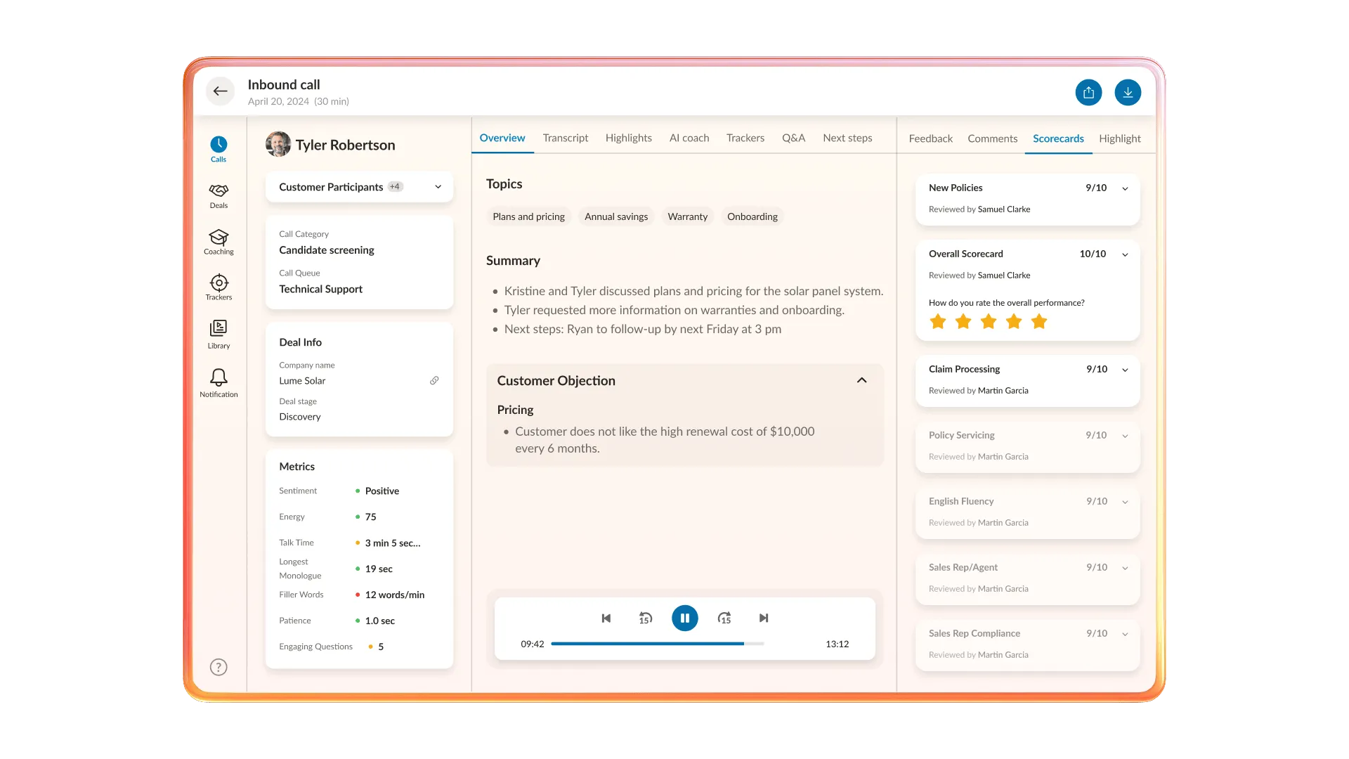 RingCentral AI Conversation Expert view: Centralized call summary, itemized action items, and a side-by-side performance scorecard with AI-calculated quality scores.