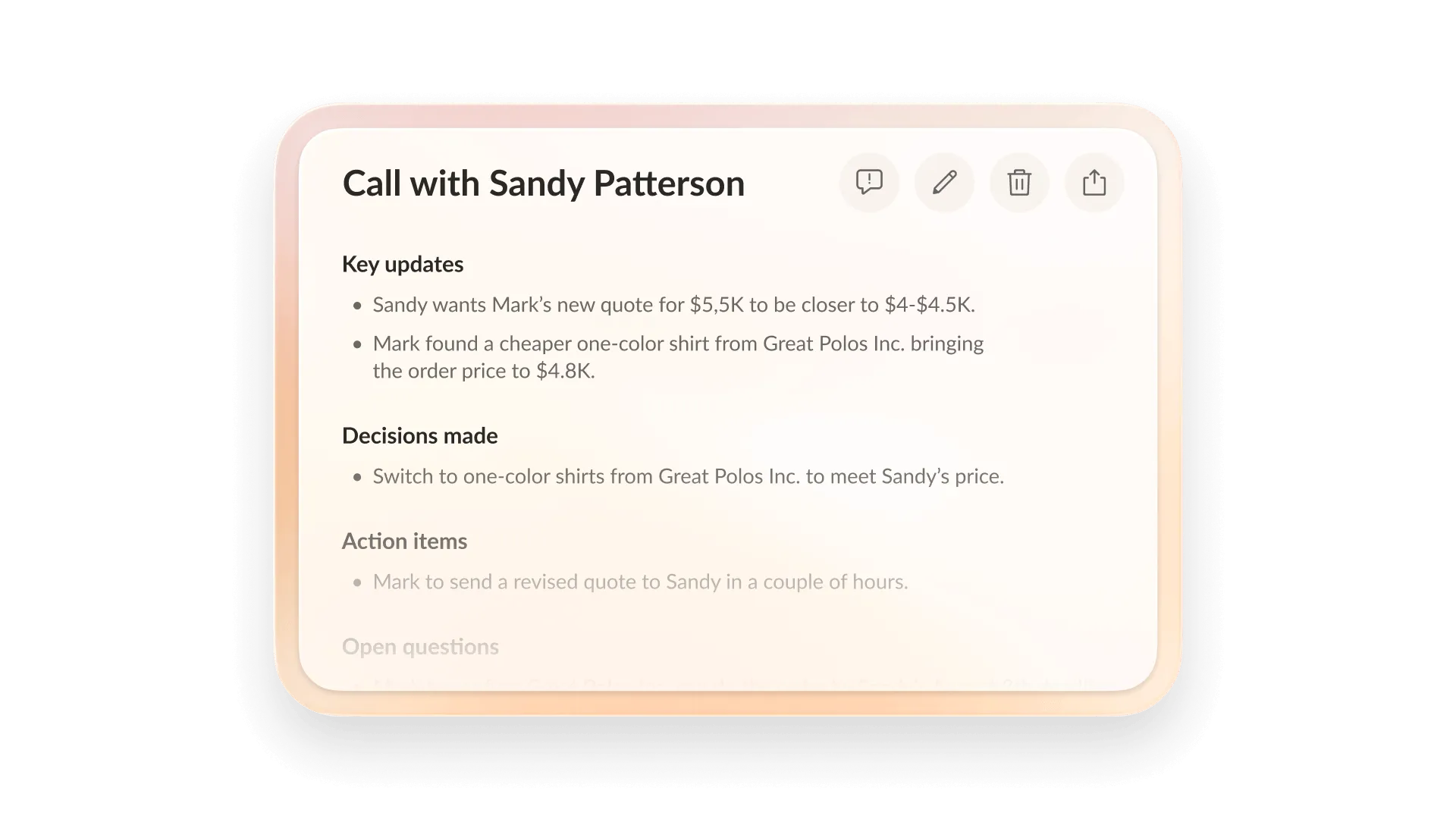 RingCentral AI Conversation Expert interface displaying an automated summary of a call, including action items and key decisions.